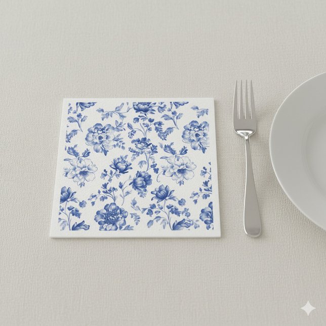 Delftsblå och vit blomster pappersservett (Light blue and white delftware style paper napkin.)
