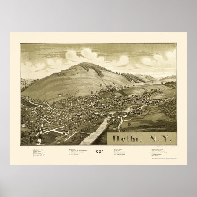 Delhi, NY Panoramic Karta - 1887 Poster (Framsidan)