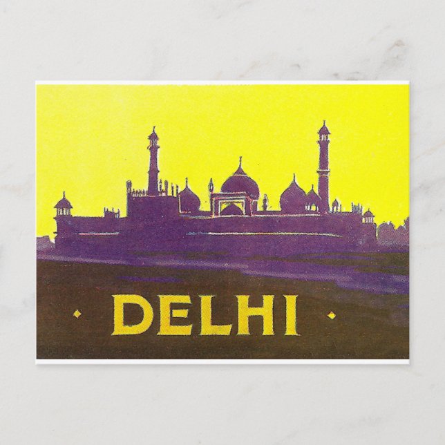 Delhi, stadens silhuett, tempel och fästning vykort (Framsida)