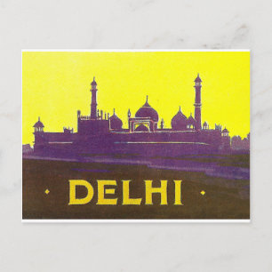 Delhi, stadens siluett, tempel och fästning vykort