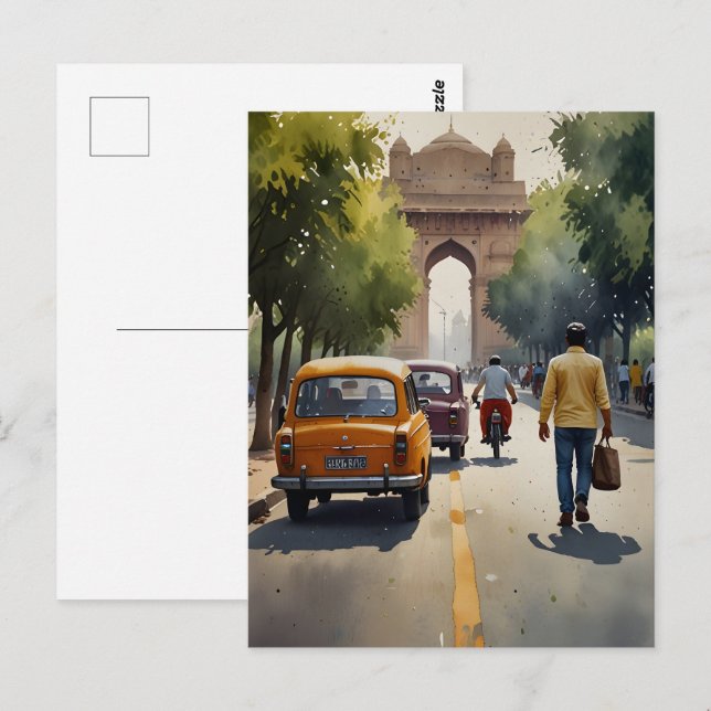 Delhi vattenfärgskonst vykort (Fram/baksida)