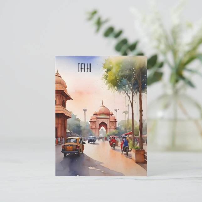 Delhi vattenfärgskonst vykort (Stående Fram)