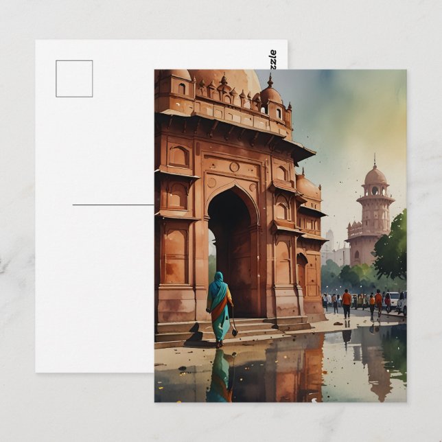 Delhi vattenfärgskonst vykort (Fram/baksida)