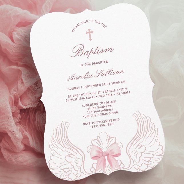 Delicate Angel Wings Pink Bow Baptism Inbjudningar (Skapare uppladdad)