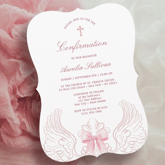 Delicate Angel Wings Pink Bow Confirmation Inbjudningar (Skapare uppladdad)