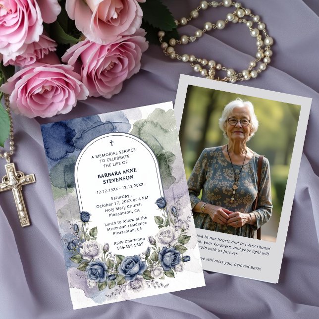 Delicate Arch Blue Green Floral Watercolor Effect  Inbjudningar (Delicate Blue and Green Floral Watercolor Effect Arch Funeral Invitation Design with Back Photo.)