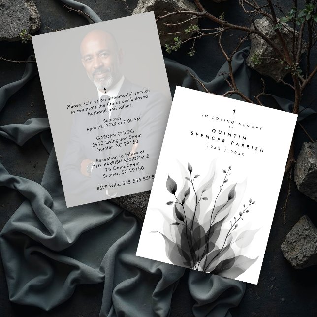 Delicate Black & White Overlapping Leaves & Flower Inbjudningar (Delicate Black & White Overlapping Leaves & Flowers Memorial Invitations Cards with Back Photo. )