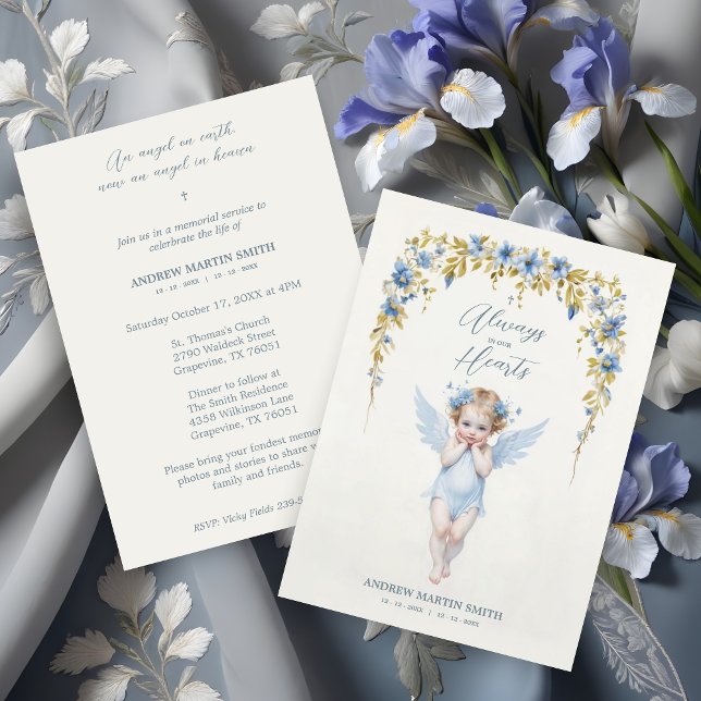 Delicate Blue Angel Condolence Remembrance Babies Inbjudningar (Delicate Blue Angel Condolence Remembrance for Baby's Funeral Invitations Cards. )