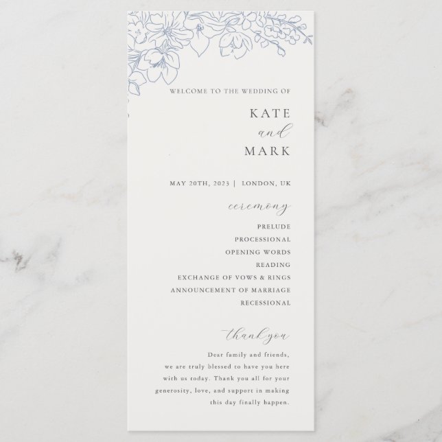 Delicate Blue Floral Wedding Program (Framsida)