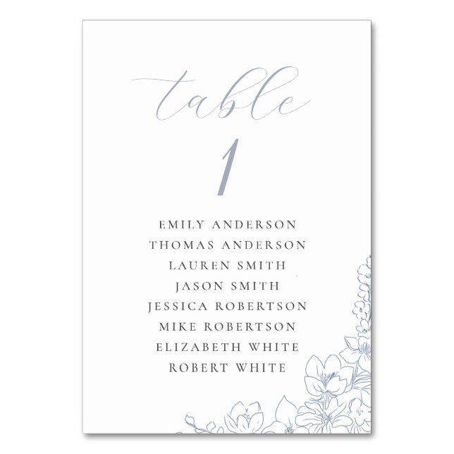 Delicate Blue Floral Wedding Seating Chart Bordsnummer (Framsidan)