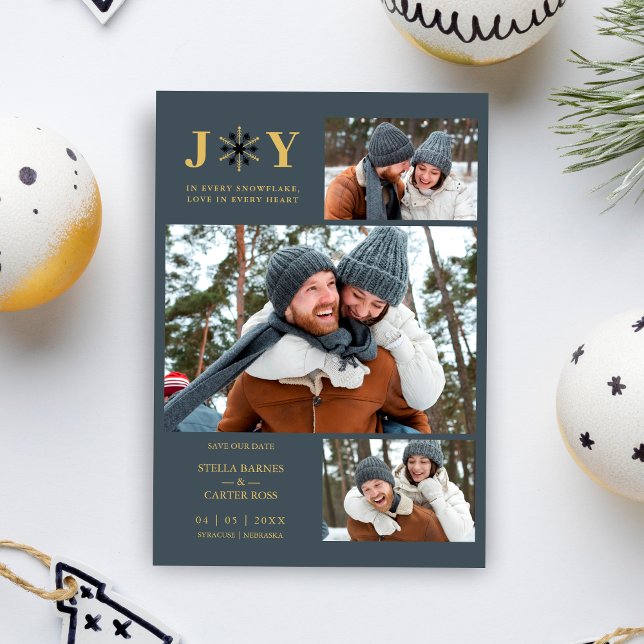 Delicate Blue & Gold SnowFlake 3 Photos Collage Spara Datumet (Delicate Blue & Gold Snowflake 3 Photos Holiday Card with Envelope as a Wedding Save the Date.)