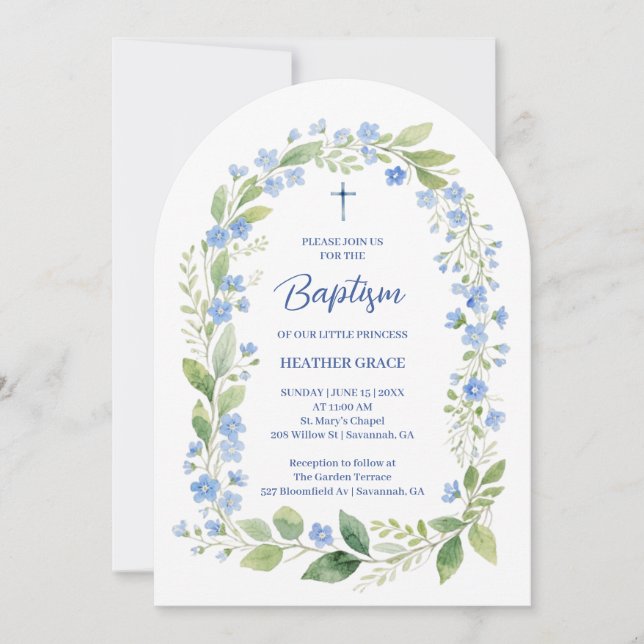 Delicate Blue Shades Floral Frame Arch Baptisme Inbjudningar (Framsida)