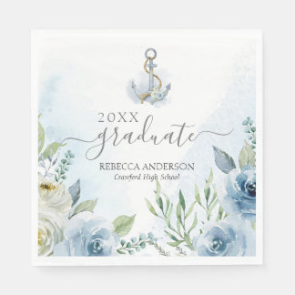 Delicate Blue Watercolor Floral Anchors Graduation Pappersservett