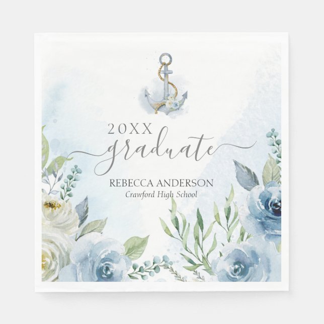 Delicate Blue Watercolor Floral Anchors Graduation Pappersservett (Framsidan)