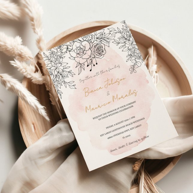 Delicate Blush Wash with Modern Black Botanical  Inbjudningar (Delicate Blush Wash with Modern Black Botanical Invitation)