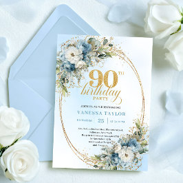 Delicate Boho Dusty Blue Floral Gold 90th Birthday Inbjudningar