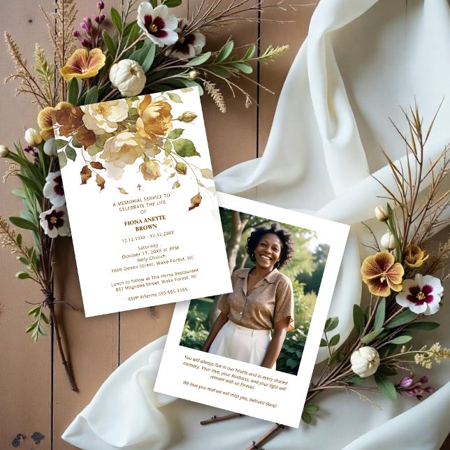 Delicate Brown & Marfil Botanical Floral Funeral Inbjudningar (Delicate Brown and Beige Botanical Floral Funeral Invitation Design with Back Photo. )