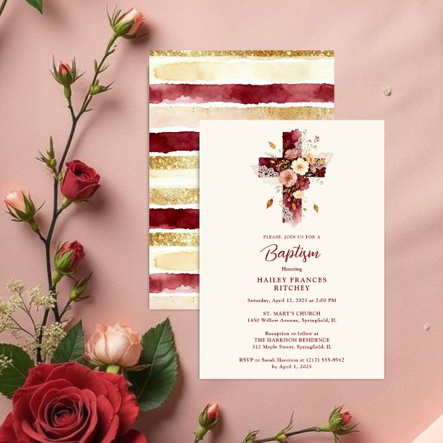 Delicate Burgundy Floral Christian Cross Baptism Inbjudningar (Delicate Burgundy Glitter Effect Floral Christian Cross-Shape Baptism Invitation Card Design.)