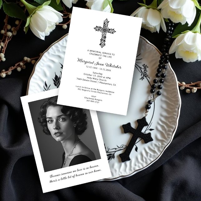 Delicate Christian Cross Minimal Photo Funeral Inbjudningar (Sophisticated Delicate Christian Cross Minimal Black & White Funeral Invitation Cards with Photo.)