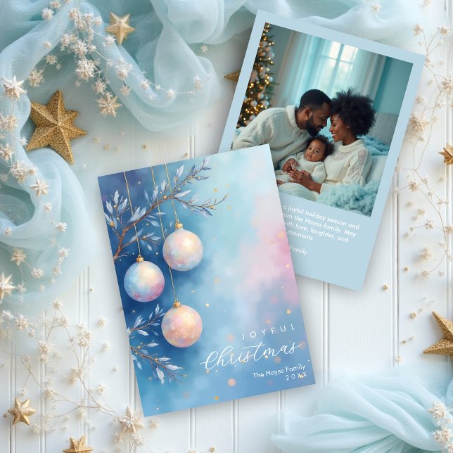 Delicate Christmas Blue Shades Elegant Ornaments Julkort (Delicate Christmas Blue Shades Elegant Ornaments with Back Photo Holiday Cards.)