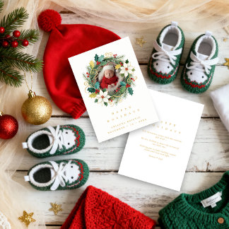 Delicate Classy First Christmas Wreath Baby Photo  Julkort