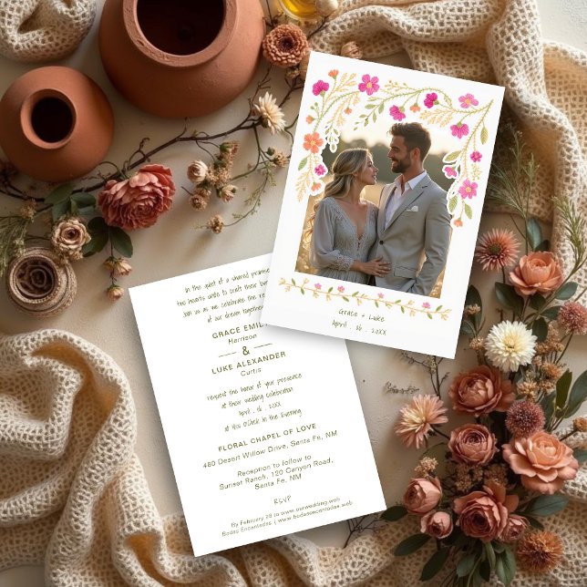 Delicate Colorful Floral Border Mexican Embroidery Inbjudningar (Delicate Colorful Floral Border Mexican Embroidery-Inspired Wedding Invitations Cards with Photo.)