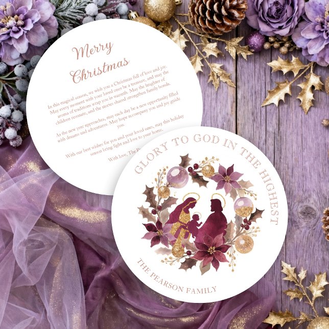 Delicate Deep Plum Glitter Holy Nativity Christmas Julkort (Delicate Deep Plum Glitter Shades Holy Family Nativity Exquisite Christmas Contemporary Cards.)