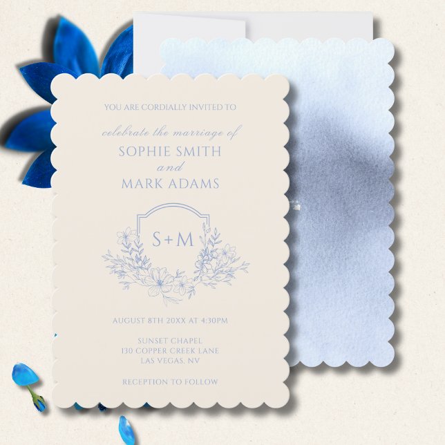 Delicate Dusty Blue Floral Monogram Crest Wedding Inbjudningar (Skapare uppladdad)