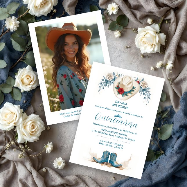 Delicate Elegant Coastal Cowgirl Boots & Hat XVs Inbjudningar (Delicate Elegant Coastal Cowgirl Boots & Hat Quinceañera Invitation Cards.)
