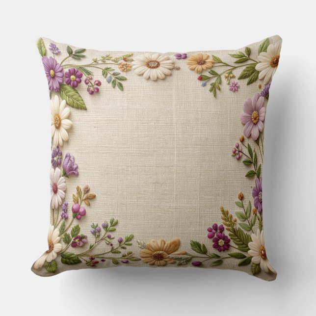 Delicate Embroidered Floral Border Pillow - Purple Kudde (Framsida)