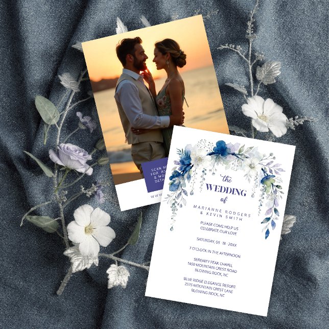 Delicate Floral Botanical Arch Blue Shades Wedding Inbjudningar (Delicate Floral & Botanical Arch Blue Shades Wedding Invitation Cards with Back Photo and QR Code.)