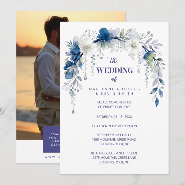 Delicate Floral Botanical Arch Blue Shades Wedding Inbjudningar (Fram/baksida)