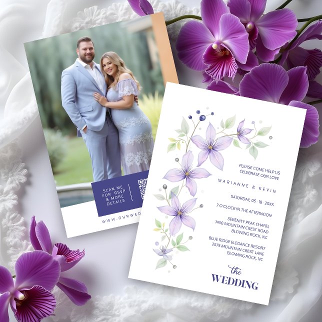Delicate Floral & Botanical Branch Light Purple  Inbjudningar (Delicate Floral & Botanical Branch Light Purple Wedding Invitation Cards with Back Photo and QR Code)