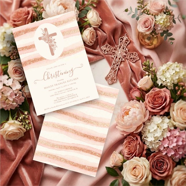 Delicate Floral Cross Romantic Rose Gold Inbjudningar (Delicate Floral Christian Cross Romantic Rose Gold Glitter Style Christening Invitation Cards.)