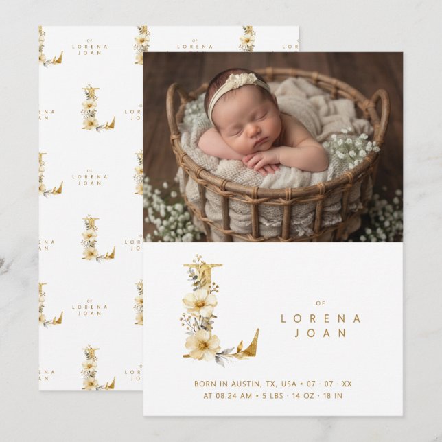 Delicate Floral E Initial Gold Glitter Newborn Meddelande (Fram/baksida)
