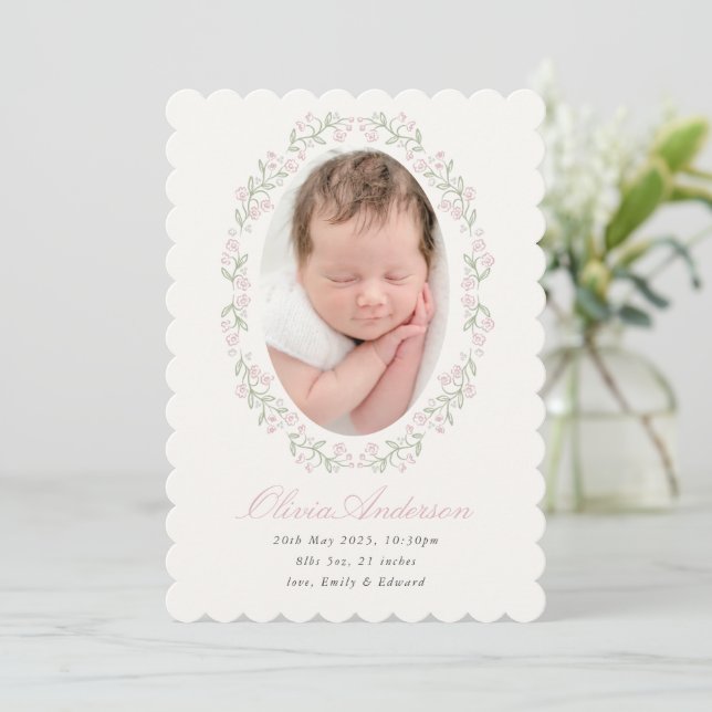 Delicate Floral Frame Girl Birth Announcement Meddelande (Stående Fram)