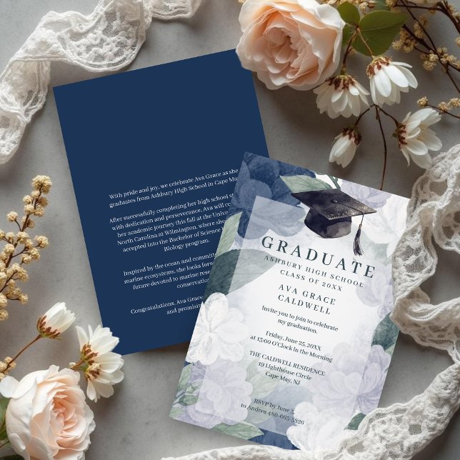 Delicate Floral Green and Blue Graduation Party Inbjudningar (Delicate Floral Green and Blue Graduation Party Invitation Card Design.)