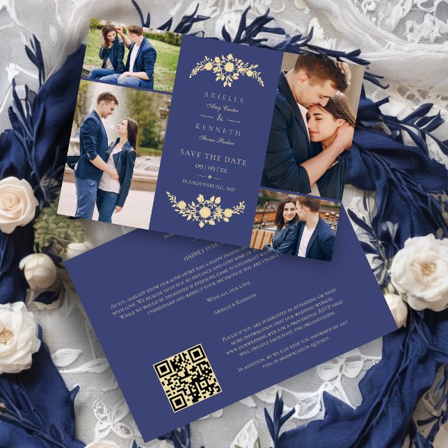 Delicate Floral Navy Blue & Gold 4 Photos Collage Spara Datumet (Delicate Floral Navy Blue & Gold 4 Photos Collage Save the Date)