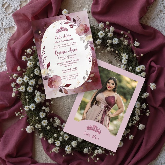 Delicate Floral Oval Quinceañera Tiara Invitation  Inbjudningar (Delicate Floral Oval Quinceañera Tiara Invitation Design in Burgundy Tones with Photo Layout.)