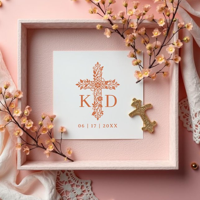 Delicate Flourish Christian Cross Wedding Initials Stämpel (Delicate Flourish Christian Cross for Wedding with Initials Rubber Stamps.)