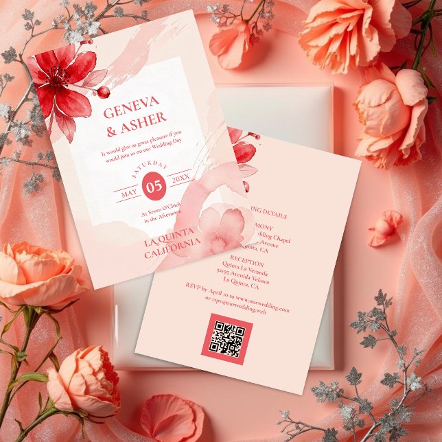 Delicate Flowers Juicy Red & Pinky Pink Editorial Inbjudningar (Delicate Romantic Flowers Juicy Red & Pinky Pink Editorial Wedding Invitation with Back QR Code.)