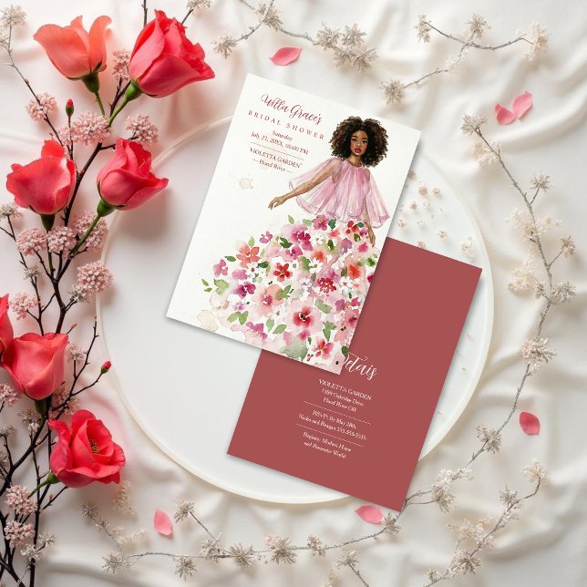 Delicate Girl Pink Floral Tulle Bridal Shower Inbjudningar (Delicate Pink Floral Tulle Bridal Shower Invitation Featuring Watercolor Effect Woman Illustration.)