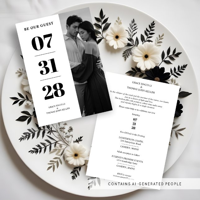 Delicate Glam Black & White Enchanting Minimal Inbjudningar (Delicate Glam Simple Black & White Enchanting and Minimalist Photo Wedding Invitations Cards.)