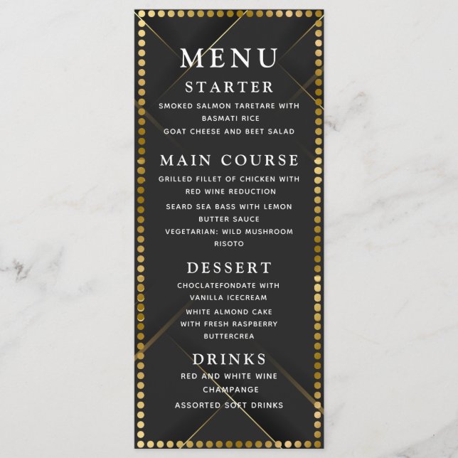 Delicate Gold and Black Wedding Dinner Menu Meny (Framsida)