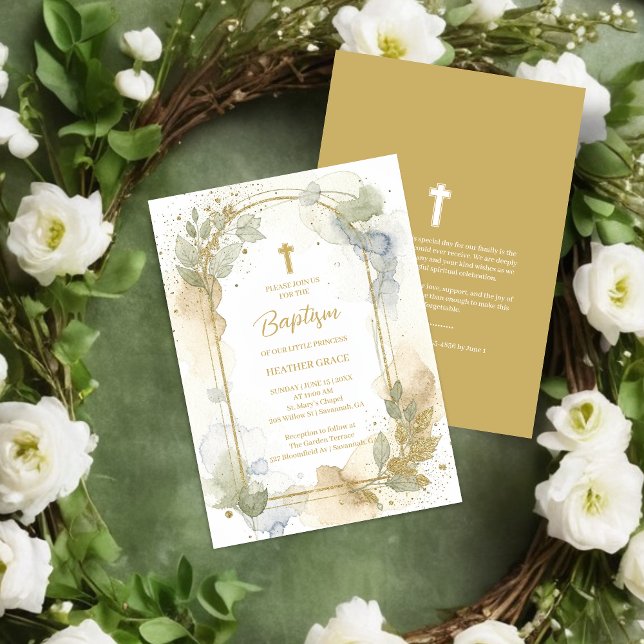 Delicate Gold Shades Floral Frame Arch Baptism Inbjudningar (Delicate Digital Watercolor Gold Shades Floral Frame Arch Shape Baptism Invitation Cards.)