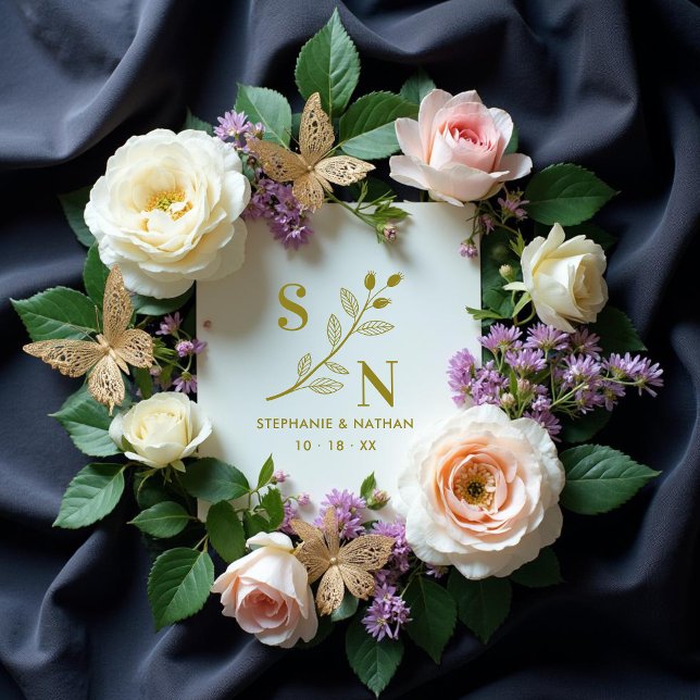 Delicate Initials Wildflowers Branches Wedding  Stämpel (Delicate Classic Initials Wildflowers Branches Wedding for Rubber Stamps. )