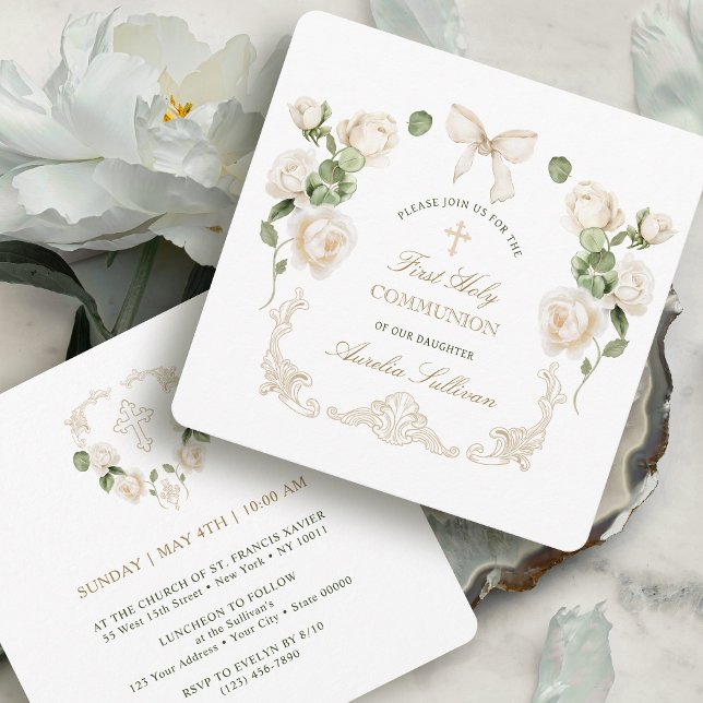 Delicate Ivory Roses Frame First Communion Small Inbjudningar (Skapare uppladdad)