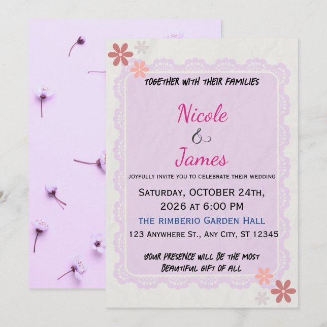 Delicate Lavender Lace Floral Wedding Invitation Inbjudningar (Fram/baksida)