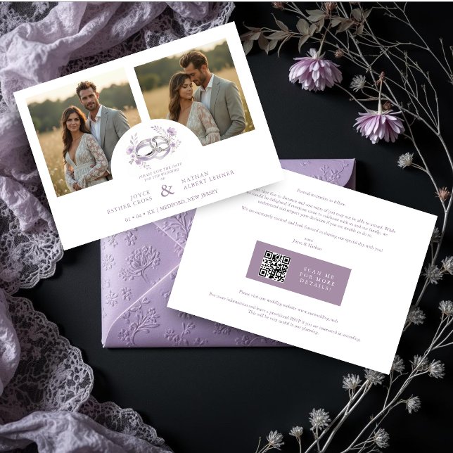 Delicate Lilac Wedding Rings Floral Wedding Spara Datumet (Delicate Lilac Wedding Rings Watercolor Style Flowers Wedding Save the Date Cards with Two Photos.)