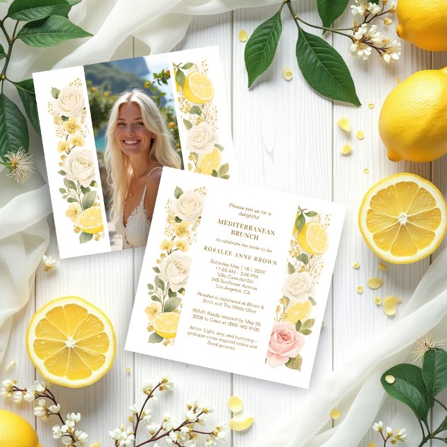 Delicate Mediterranean Lemons Flowers Greenery Inbjudningar (Delicate Pastel Mediterranean Lemons Flowers Greenery Wedding Bridal Shower Invitation Cards.)
